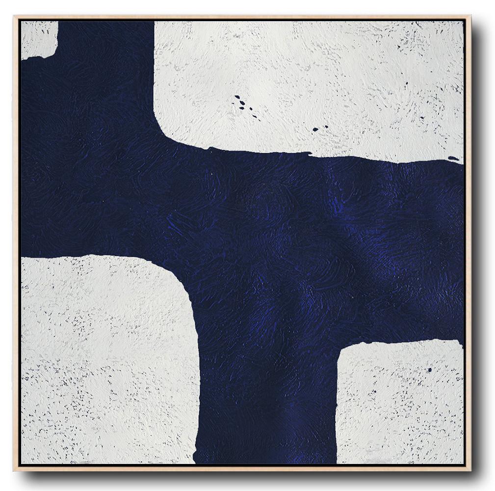 Hand-Painted Oversized Minimalist Navy Blue And White Painting - Abstract Canvas Paintings For Sale Large